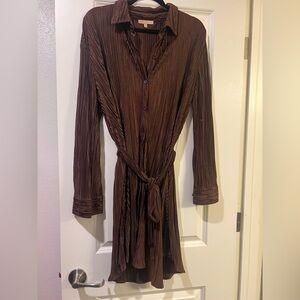 Brown Pleated Long Sleeve Dress